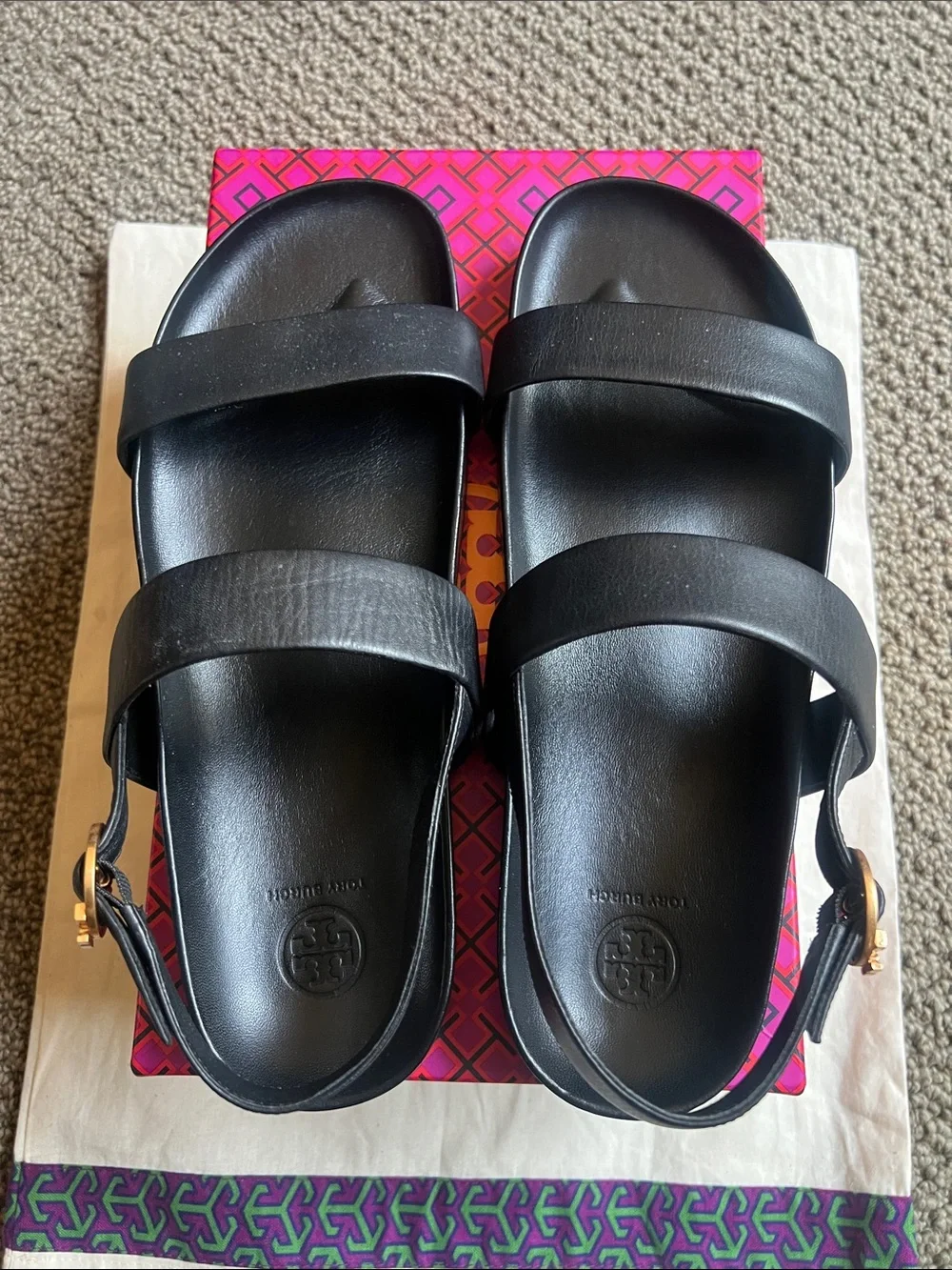 Tory Burch Black Leather Double-Strap Sport Sandals with Gold Buckles Size 11